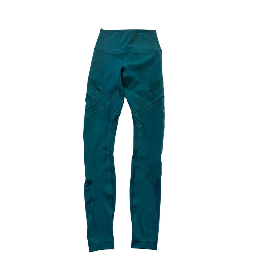 Lululemon High‎ Rise Leggings Size 4 Teal Green Mesh Side Cut Outs Yoga Pants